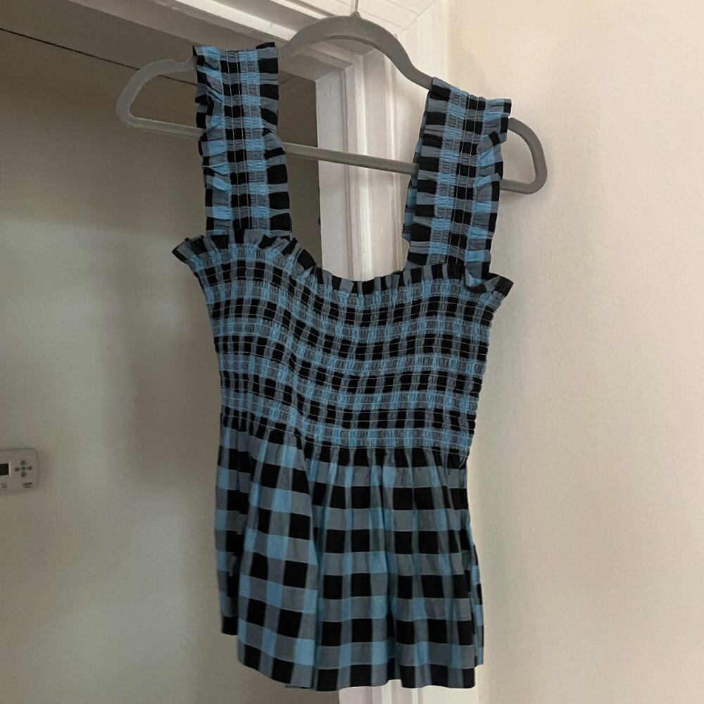 Ganni | Tops | Ganni Sz 42 L 8 Blue Black Smocked Check Cotton Silk Peplum Top